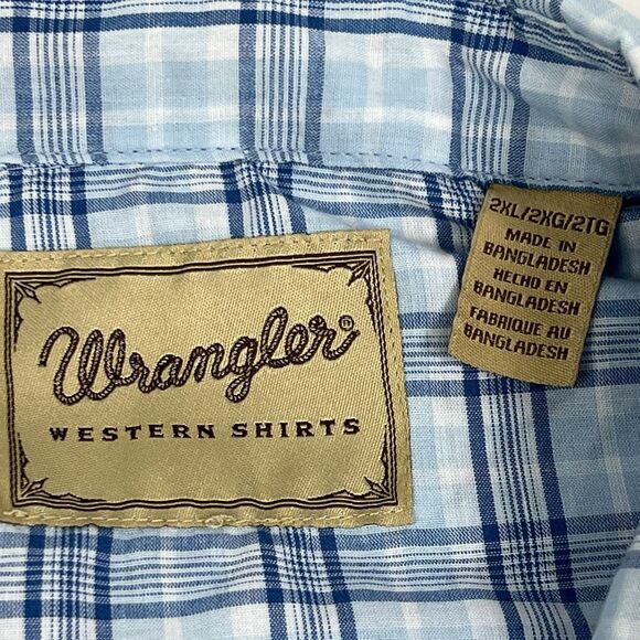 Wrangler Western Blue Plaid Pearl Snap Short Sleeve Shirt Men’s 2XL Cowboy Rodeo - Picture 7 of 9